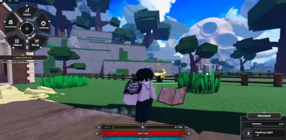 CloverFall starter village gameplay with the first quest tracker visible